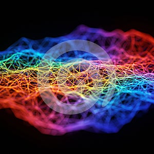 Colorful, abstract network of interconnected lines forming a three-dimensional