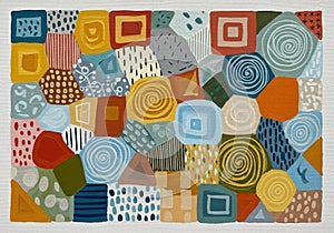 Is composed of a harmonious mix of colors such as blue, yellow, red, and