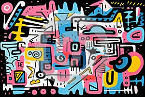 a colorful abstract painting with various shapes and symbols