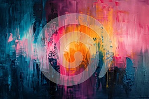 Colorful abstract painting with vivid pink, blue, and orange hues blending dynamically