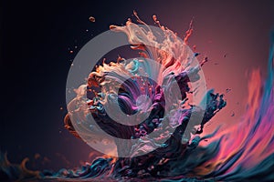 a colorful abstract painting with water and inks on a black background with a blue and pink background and a red and blue swirl