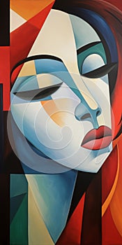 Colorful Abstract Painting Of A Woman\'s Face In Neocubist Style