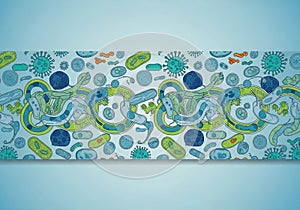 Colorful abstract pattern featuring various microorganisms, including viruses and bacteria. The
