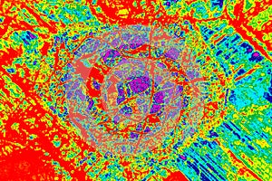 Colorful, abstract pattern of mineral in a polarizing micrograph.