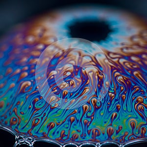Colorful abstract pattern on a soap bubble surface. The vibrant, swirling design