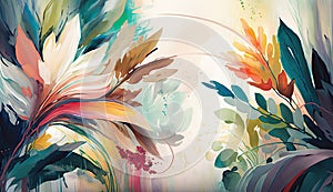 Colorful abstract plants and flowers in vivid autumnal shades. Impressionist floral art print painting background wallpaper.