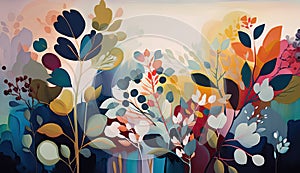 Colorful abstract plants and flowers in vivid autumnal shades. Impressionist floral art print painting background wallpaper.