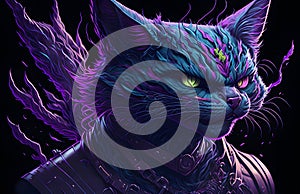 A colorful abstract portrait Cheshire Cat on black background. Generative AI.