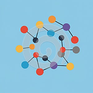 A colorful abstract representation of a molecular structure on a light blue background.