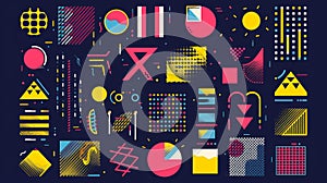 Colorful abstract shapes and text signs for retro futuristic 2000s and brutalist style designs. Funky geometric elements