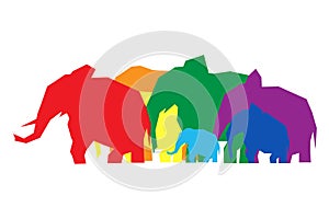 Colorful abstract silhouettes of elephants of different sizes isolated on white background. Rainbow concept. Vector illustration