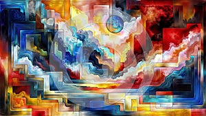 Colorful Abstract Sky: Clouds, Blue Moon, and Maze-like Structure, generative ai