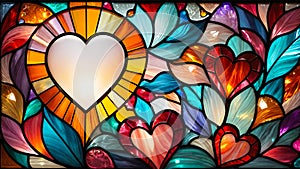 Colorful abstract stained glass mosaic window with background heart shaped and floral pattern.