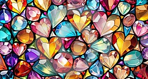 Colorful abstract stained glass mosaic window with background heart shaped pattern.Art vintage style decoration