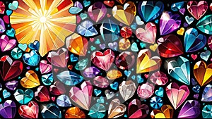 Colorful abstract stained glass mosaic window with background heart shaped pattern.