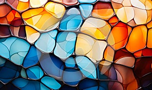 Colorful abstract stained glass pattern with a vibrant mosaic of interconnected shapes in varying shades of blue, orange, and