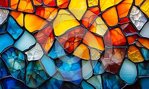 Colorful abstract stained glass pattern with a vibrant mosaic of interconnected shapes in varying shades of blue, orange, and