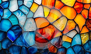 Colorful abstract stained glass pattern with a vibrant mosaic of interconnected shapes in varying shades of blue, orange, and