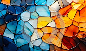 Colorful abstract stained glass pattern with a vibrant mosaic of interconnected shapes in varying shades of blue, orange, and