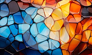 Colorful abstract stained glass pattern with a vibrant mosaic of interconnected shapes in varying shades of blue, orange, and