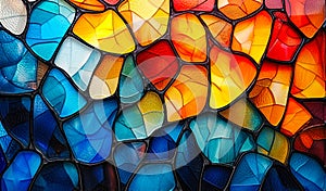 Colorful abstract stained glass pattern with a vibrant mosaic of interconnected shapes in varying shades of blue, orange, and