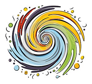 Colorful abstract swirl with vibrant hues of blue, green, yellow, and red. Artistic spiral design with paint splatters