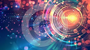 Colorful Abstract Tech Background with Glowing Particles and Circles