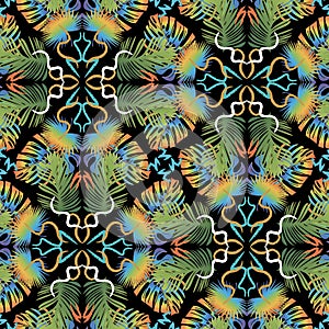 Colorful abstract tropical palm leaves vector seamless pattern. Ornamental tiled floral background. Repeat decorative backdrop.