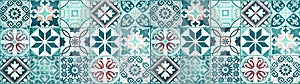 Colorful abstract turquoise white vintage retro geometric square mosaic motif tiles texture wide background banner panorama
