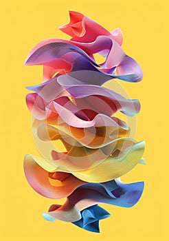 Colorful abstract twisted shapes on yellow background.