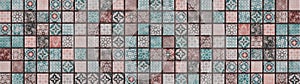 Colorful abstract vintage retro geometric square mosaic motif tiles texture background banner panorama