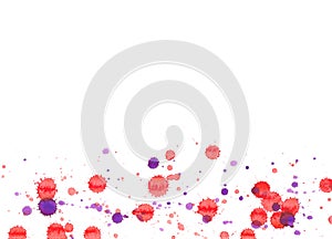 Colorful abstract watercolor texture with splashes and spatters. Red and purple paint drop stain isolated on white background.