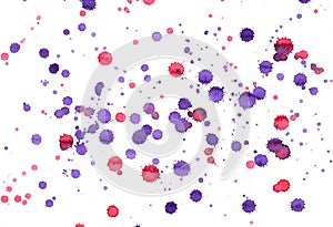 Colorful abstract watercolor texture with splashes and spatters. Red and purple paint drop stain isolated on white background.