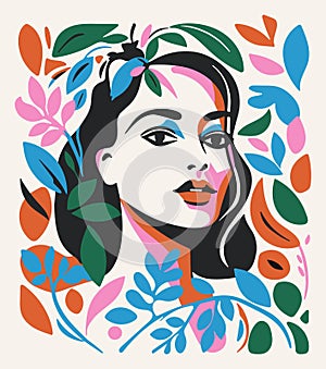 Colorful abstract woman portrait in 50s-60s art style. Beautiful female face with black hair in flowers and plants