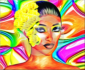 Colorful Abstract of Woman with a Yellow Flower in her Hair.