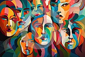 Colorful abstractly painted men's and women's faces. Society concept. Generative AI