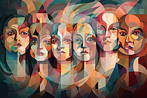 Colorful abstractly painted men's and women's faces. Society concept. Generative AI