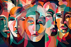 Colorful abstractly painted men's and women's faces. Society concept. Generative AI