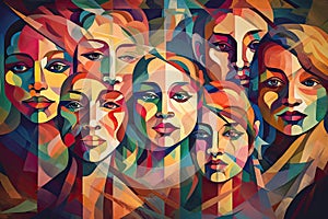 Colorful abstractly painted men's and women's faces. Society concept. Generative AI