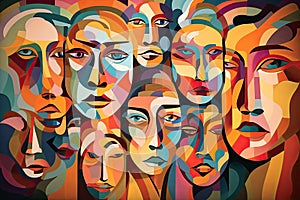 Colorful abstractly painted men's and women's faces. Society concept. Generative AI