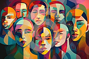 Colorful abstractly painted men's and women's faces. Society concept. Generative AI