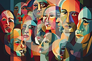 Colorful abstractly painted men's and women's faces. Society concept. Generative AI