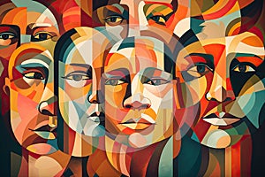 Colorful abstractly painted men's and women's faces. Society concept. Generative AI