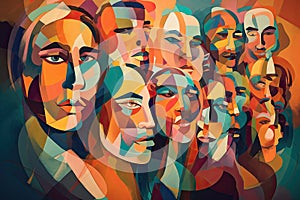 Colorful abstractly painted men's and women's faces. Society concept. Generative AI