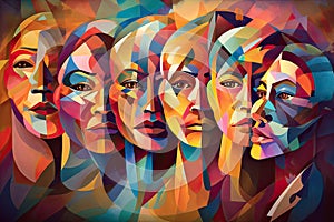 Colorful abstractly painted men's and women's faces. Society concept. Generative AI