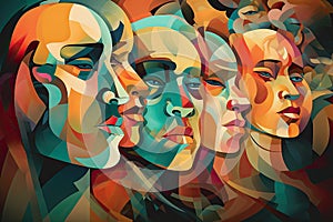 Colorful abstractly painted men's and women's faces. Society concept. Generative AI