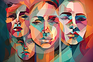 Colorful abstractly painted men's and women's faces. Society concept. Generative AI