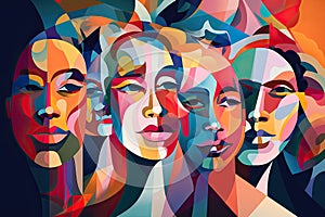 Colorful abstractly painted men's and women's faces. Society concept. Generative AI