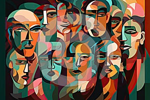 Colorful abstractly painted men's and women's faces. Society concept. Generative AI