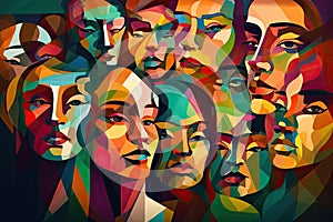 Colorful abstractly painted men's and women's faces. Society concept. Generative AI